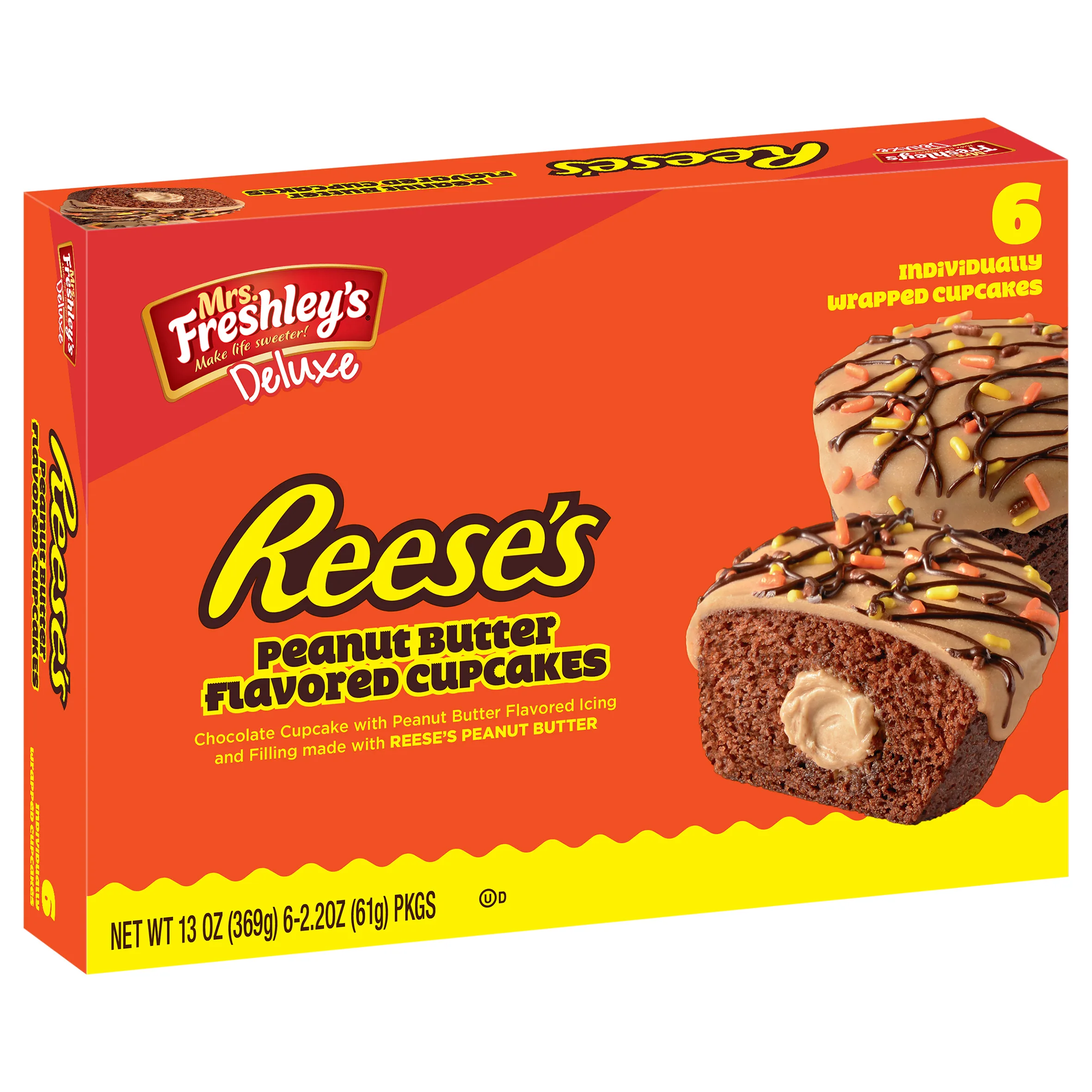 Mrs. Freshley's Deluxe Reese's Peanut Butter Cupcakes, 6 Individually Wrapped Snack Cakes,Pack Of 1 Shelf-Stable.
