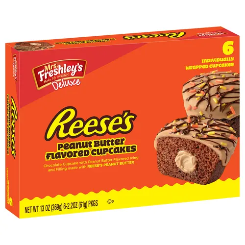 Mrs. Freshley's Deluxe Reese's Peanut Butter Cupcakes, 6 Individually Wrapped Snack Cakes,Pack Of 1 Shelf-Stable.