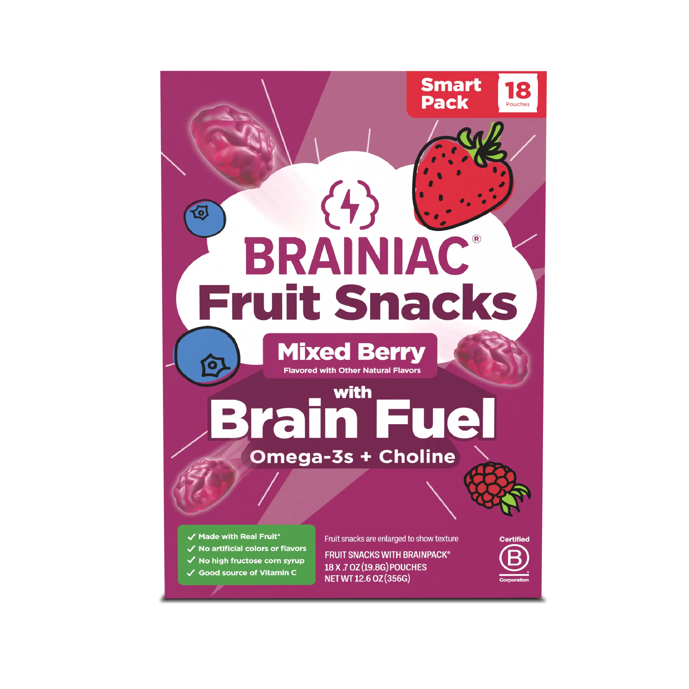 Brainiac Fruit Snacks with BrainPack, Mixed Berry Flavor, 18 count