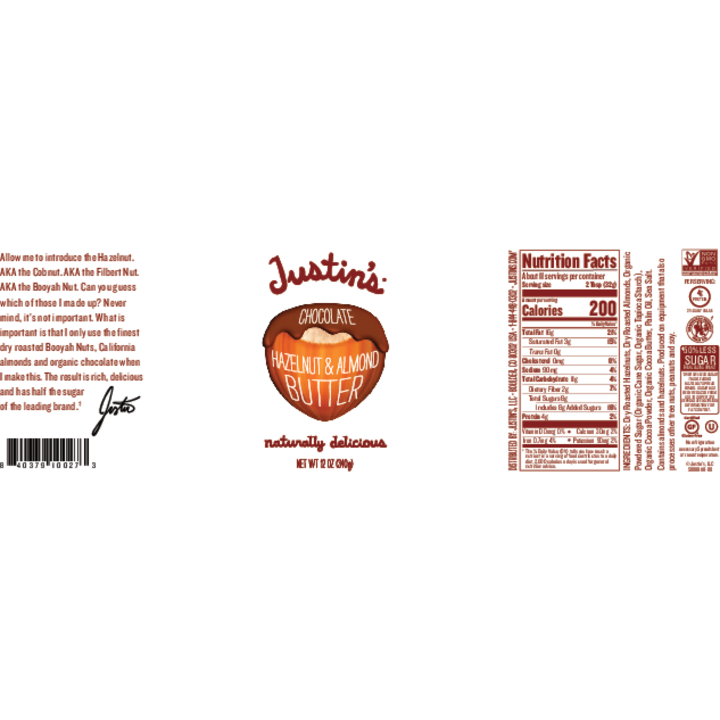 JUSTIN'S No Stir, Gluten-Free Chocolate Hazelnut Almond Butter, 12 oz Plastic Jar