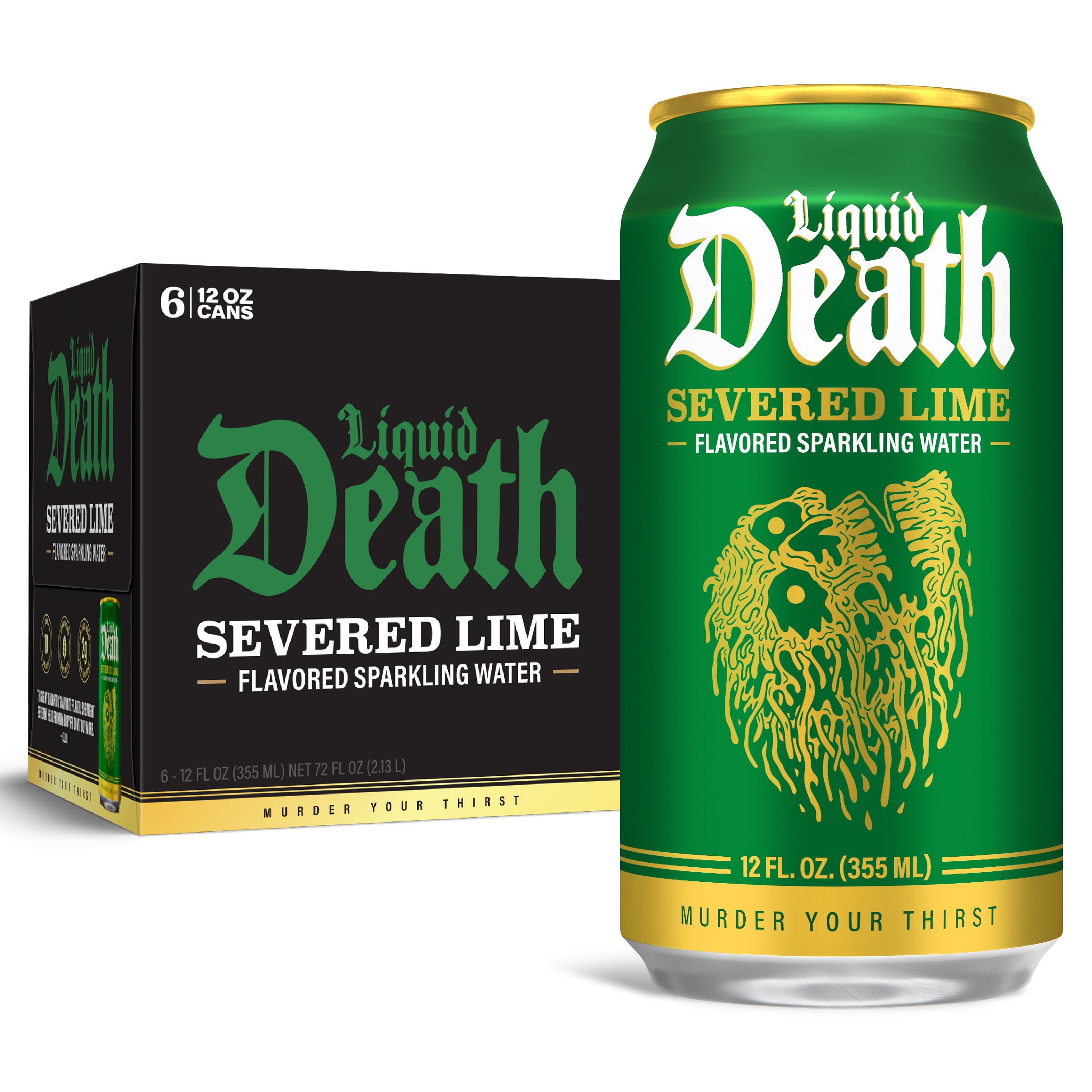 Liquid Death, Severed Lime, Lime-Flavored Sparkling Water, 6-Pack (12oz Cans), Low Calorie & No Artificial Sweeteners