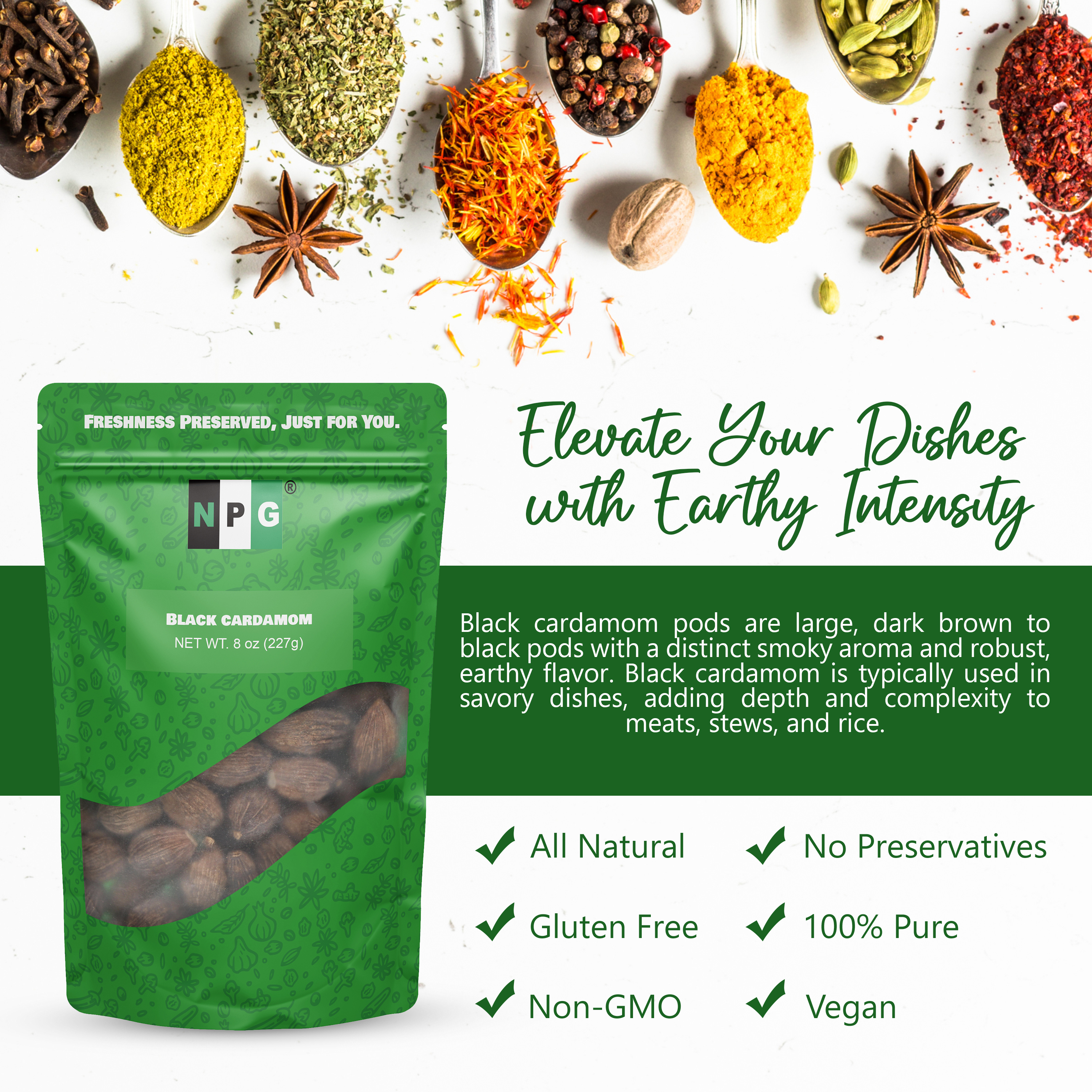 NPG Premium Black Cardamom Pods Whole Tsao Ko/Cao Guo 8 Ounces, Plump, Large, and Firm Brown Cardamom Seed Pods, All Natural Non thumbnail 2