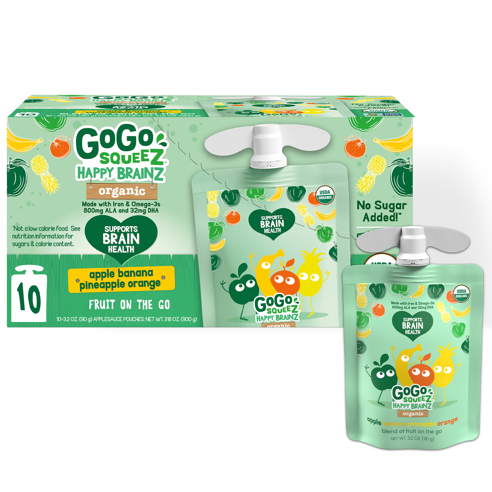 GoGo squeeZ Happy BrainZ Apple Banana Pineapple Orange Snack Pouches, 3.2 oz, 10 Pack