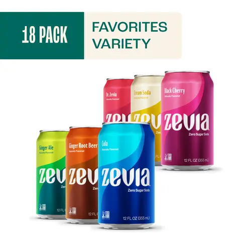 Zevia Zero Sugar, 0 Calorie Soda Pop, Favorites Variety Pack, 12 fl oz, 18 Pack Cans