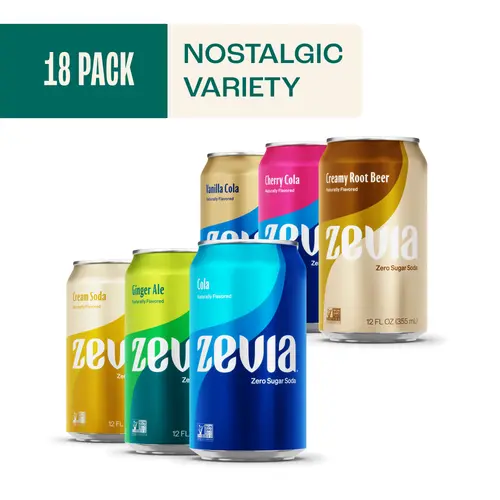 Zevia Nostalgic Variety 18 Pack:Cola,Ginger Ale,Cream Soda,Creamy Root Beer,Cherry Cola,Vanilla Cola