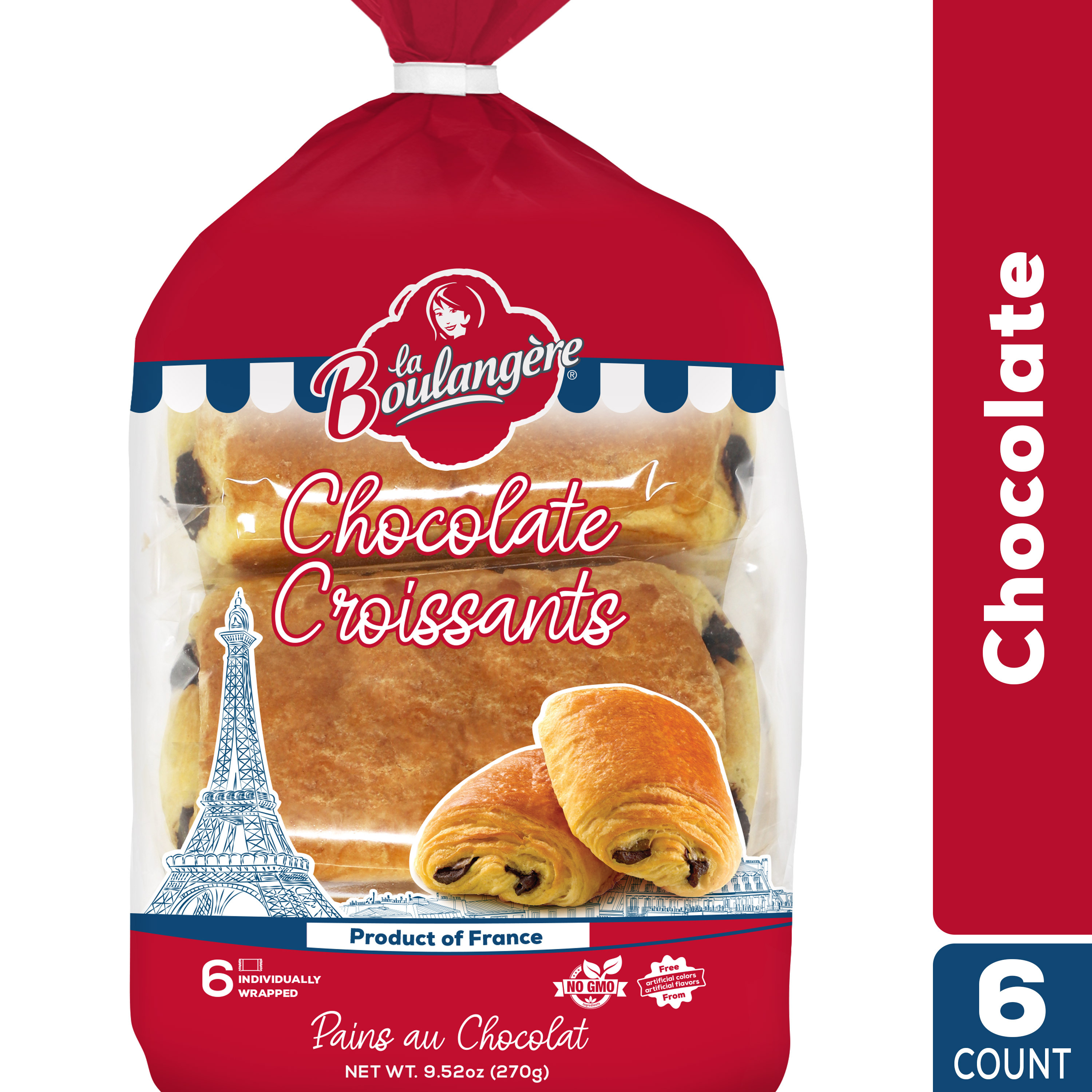 La Boulangere Chocolate Croissants, Regular, Shelf Stable/Ambient, Bag, Non GMO, 9.52 oz., 6 Count