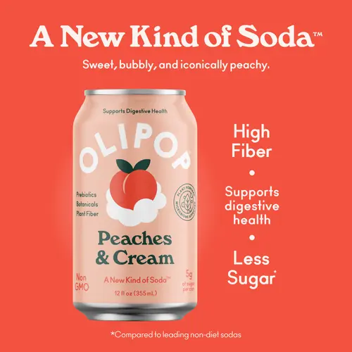 OLIPOP Prebiotic Soda, Peaches & Cream, 12 fl oz, Refrigerated thumbnail 2