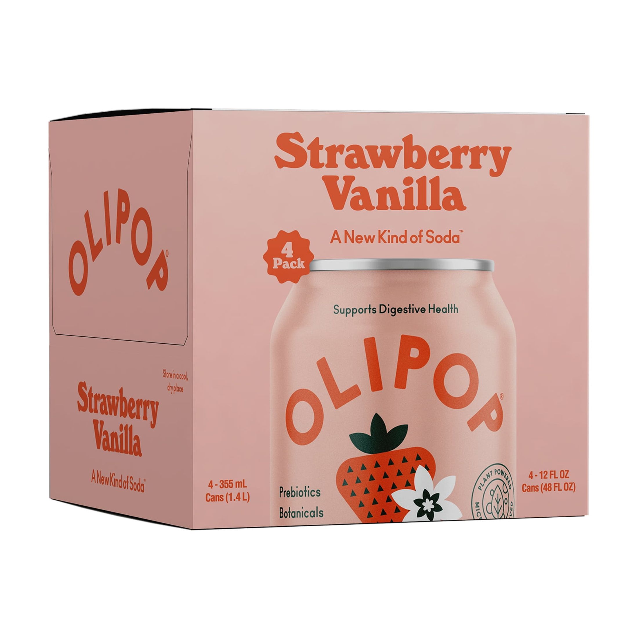 OLIPOP Prebiotic Soda, Strawberry Vanilla, 12 fl oz, 4 Pack, Pantry Packs