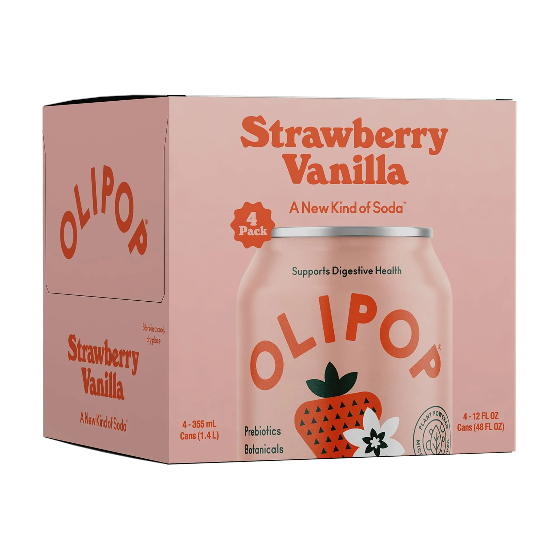 OLIPOP Prebiotic Soda, Strawberry Vanilla, 12 fl oz, 4 Pack, Pantry Packs
