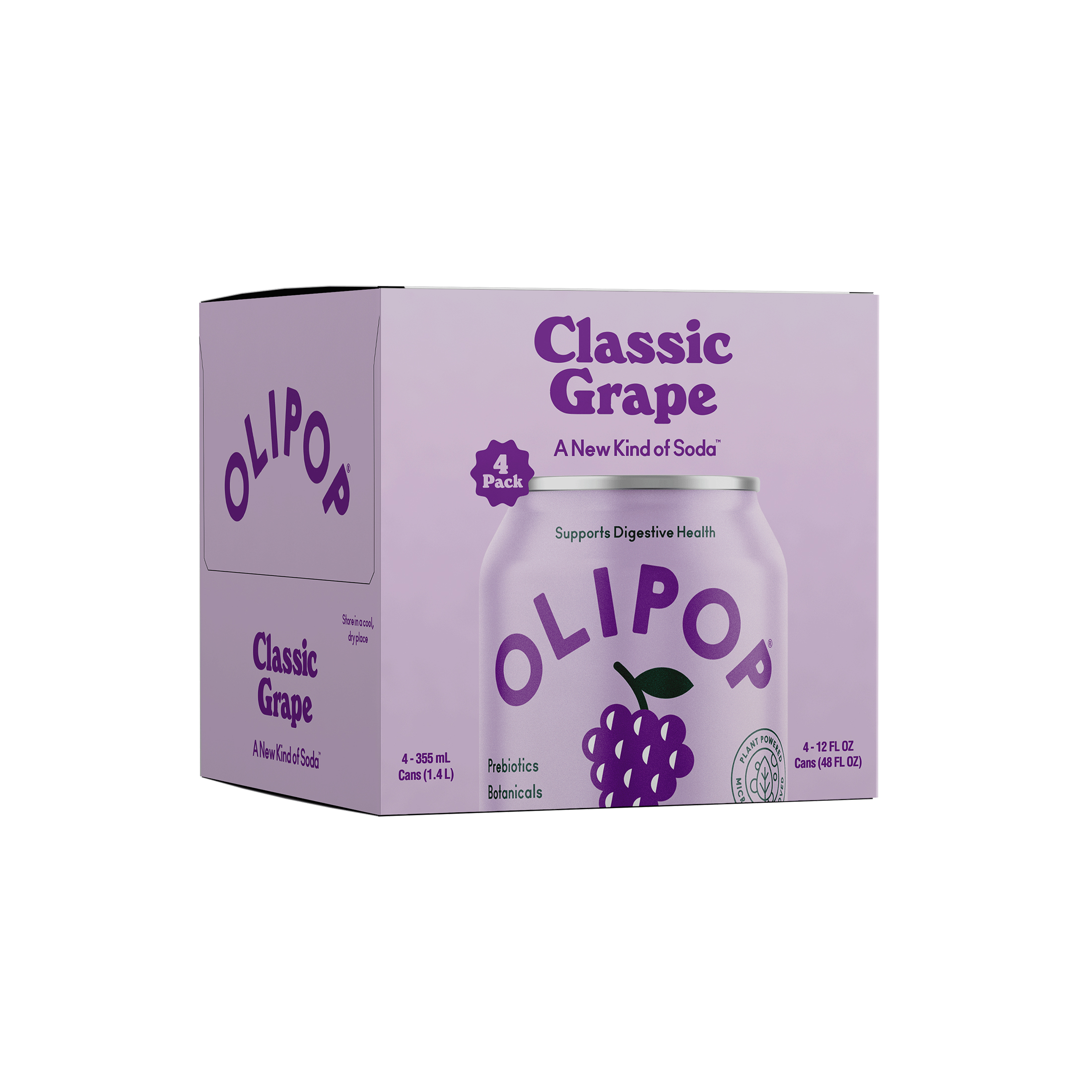 OLIPOP Prebiotic Soda, Classic Grape, 12 fl oz, 4 Pack, Pantry Packs