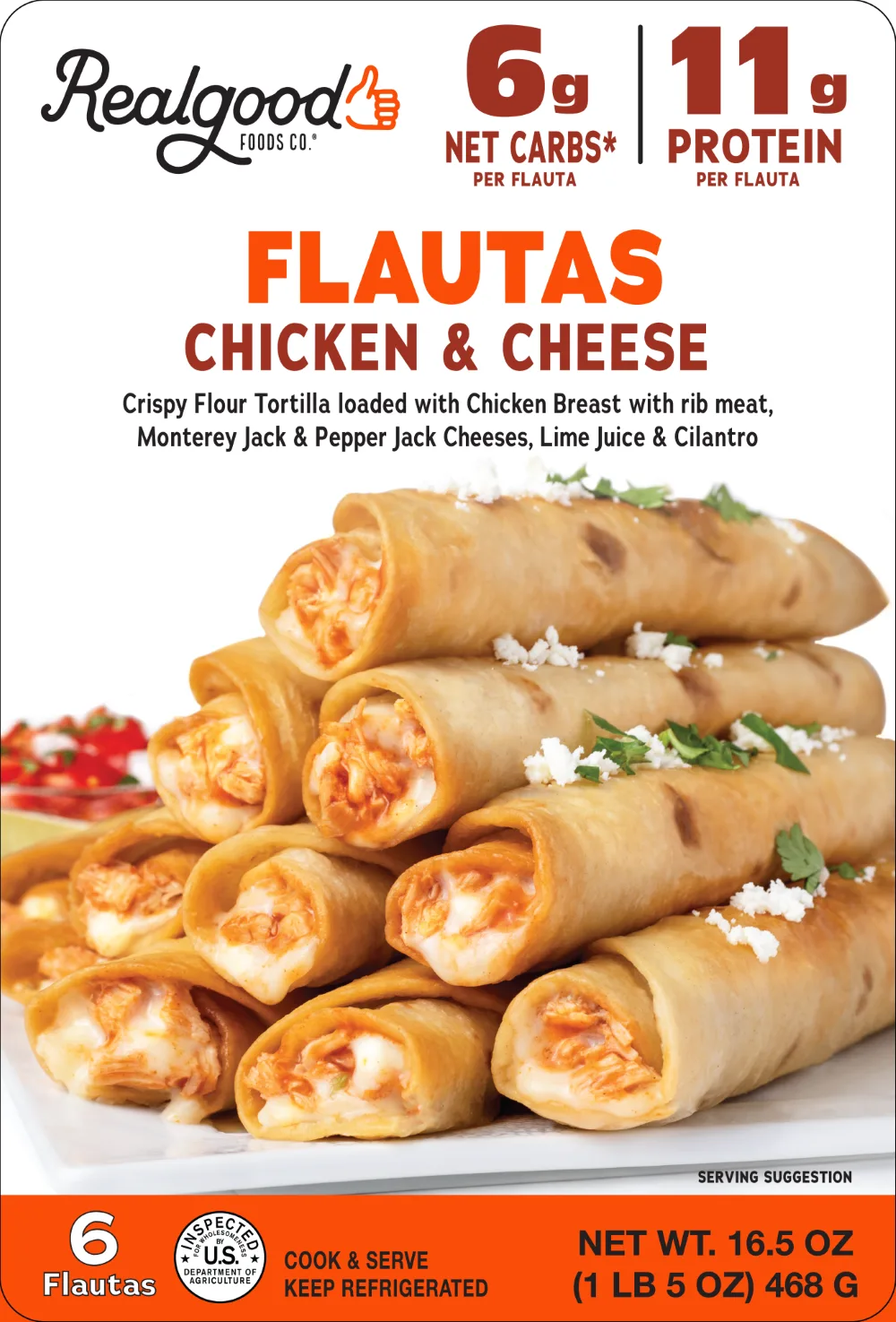 Realgood Foods Co. Chicken & Cheese Flautas, 6 Count, 16.5 oz (Refrigerated)