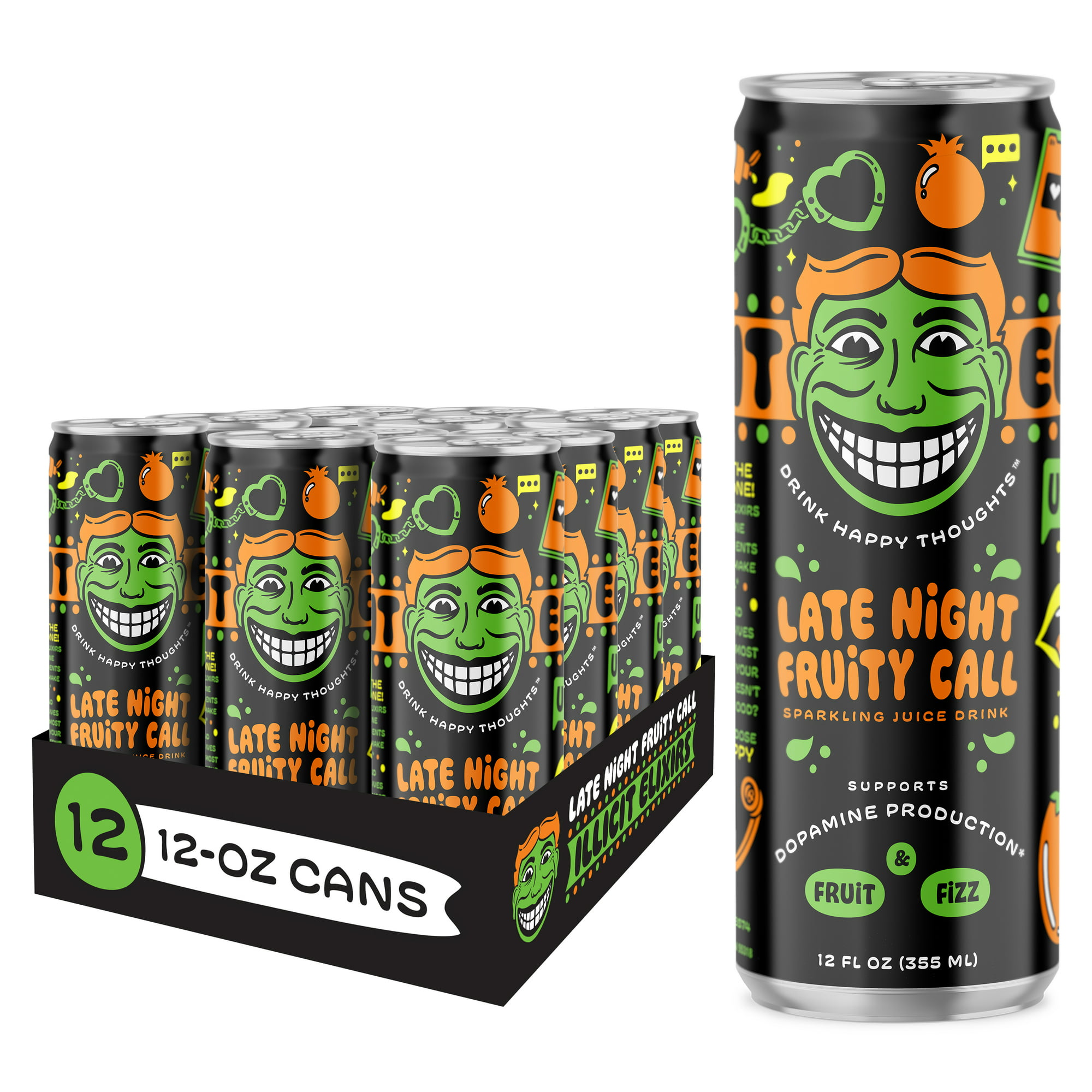 Illicit Elixirs Late Night Fruity Call - Sparkling Juice Drink - Supports Dopamine Production - 12 Pack - 12 Oz Cans