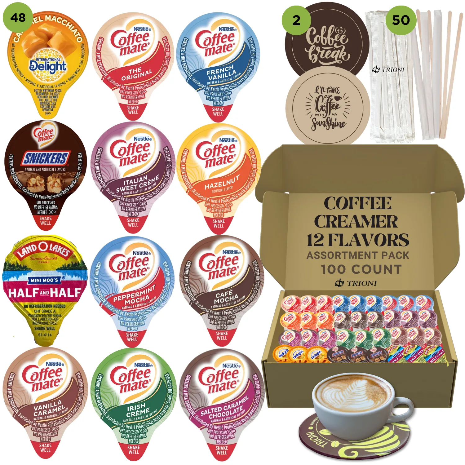 Coffee Mate Coffee Creamer Singles, Coasters & Stirrers - 100 total count - 12 Assorted Flavored Pods