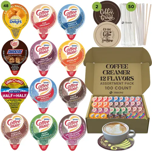 Coffee Mate Coffee Creamer Singles, Coasters & Stirrers - 100 total count - 12 Assorted Flavored Pods