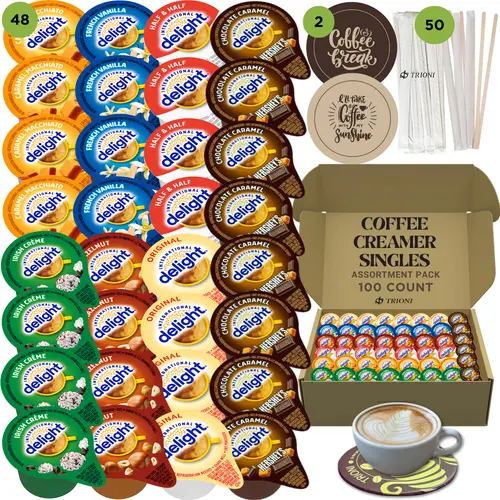 International Delight Coffee Creamer Singles, Hersheys Chocolate, Irish, and 5 more Flavors with Coasters & Stirrers - 100 t