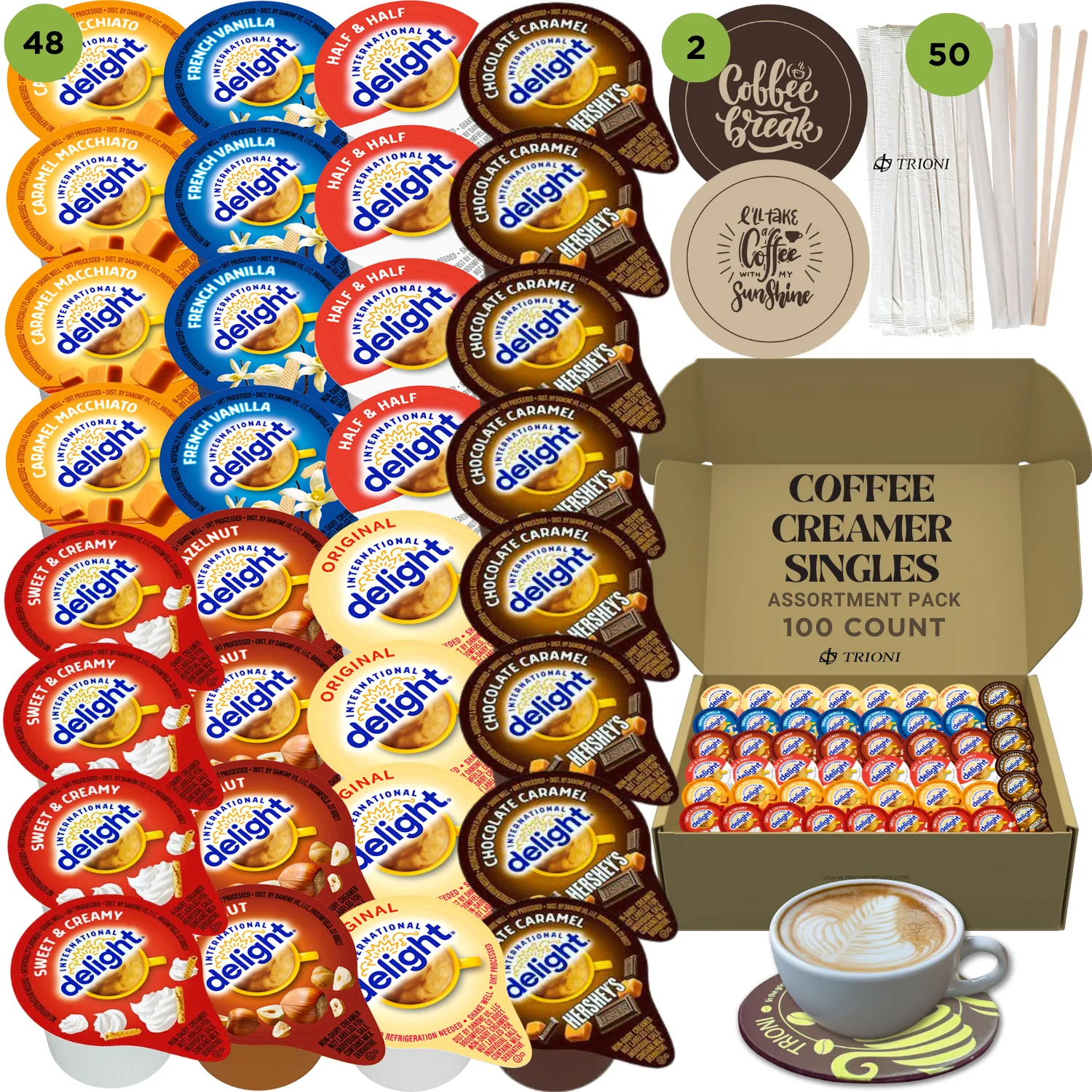 International Delight Coffee Creamer Singles, Hersheys Chocolate, Sweet Cream & 5 More Flavors, Coasters & Stirrers - 10