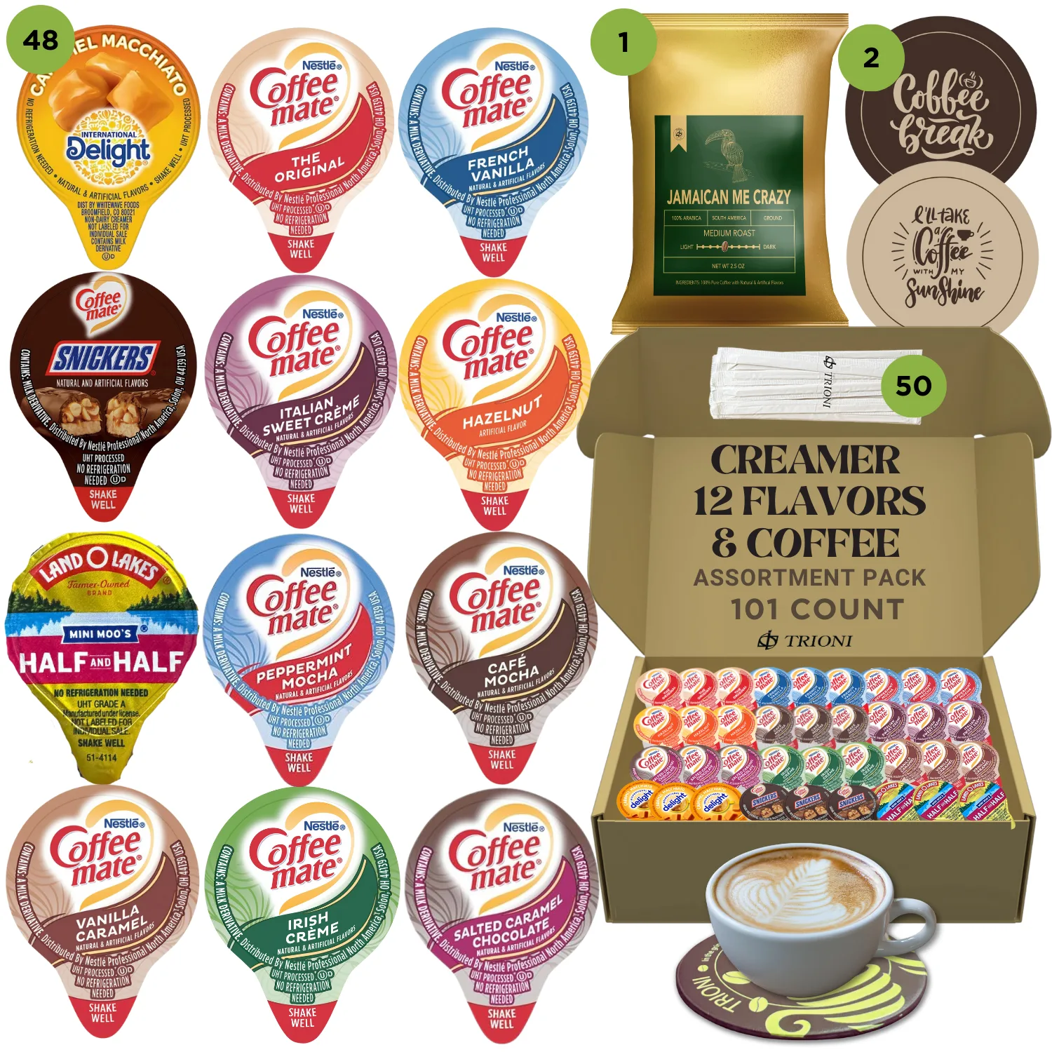 Coffee Mate Coffee Creamer Singles, Jamaican Me Crazy Coffee Packets, Coasters & Stirrers - 101 total count