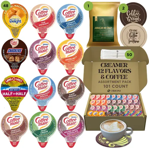 Coffee Mate Coffee Creamer Singles, Jamaican Me Crazy Coffee Packets, Coasters & Stirrers - 101 total count