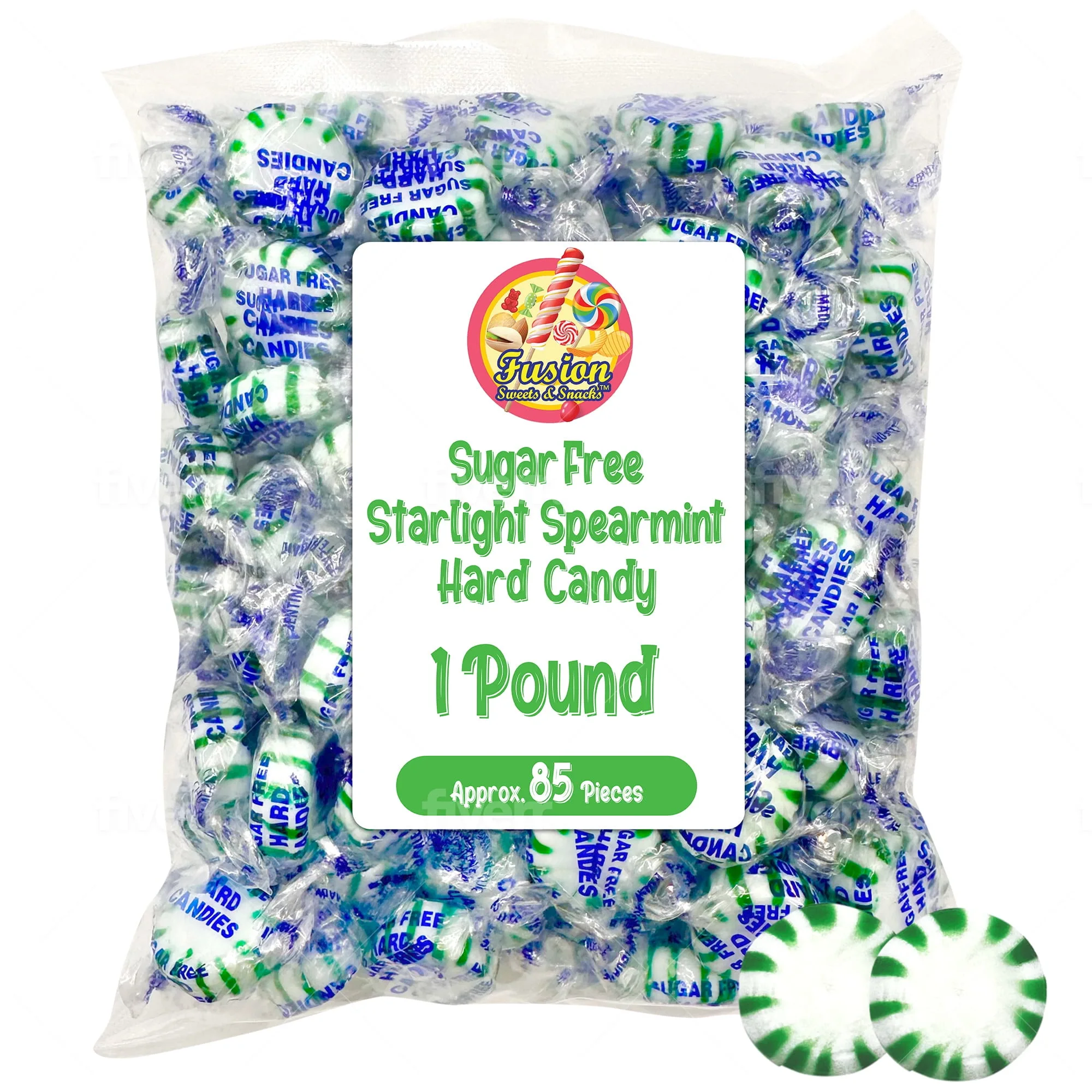 Sugar Free Spearmint Starlight Hard Candy - 1 Pound Bulk Bag (About 85 Pieces) - Keto Friendly Sugar Free Mints Individually Wra