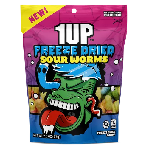 1UP Freeze Dried Sour Worms, 2.0 oz Resealable Bag