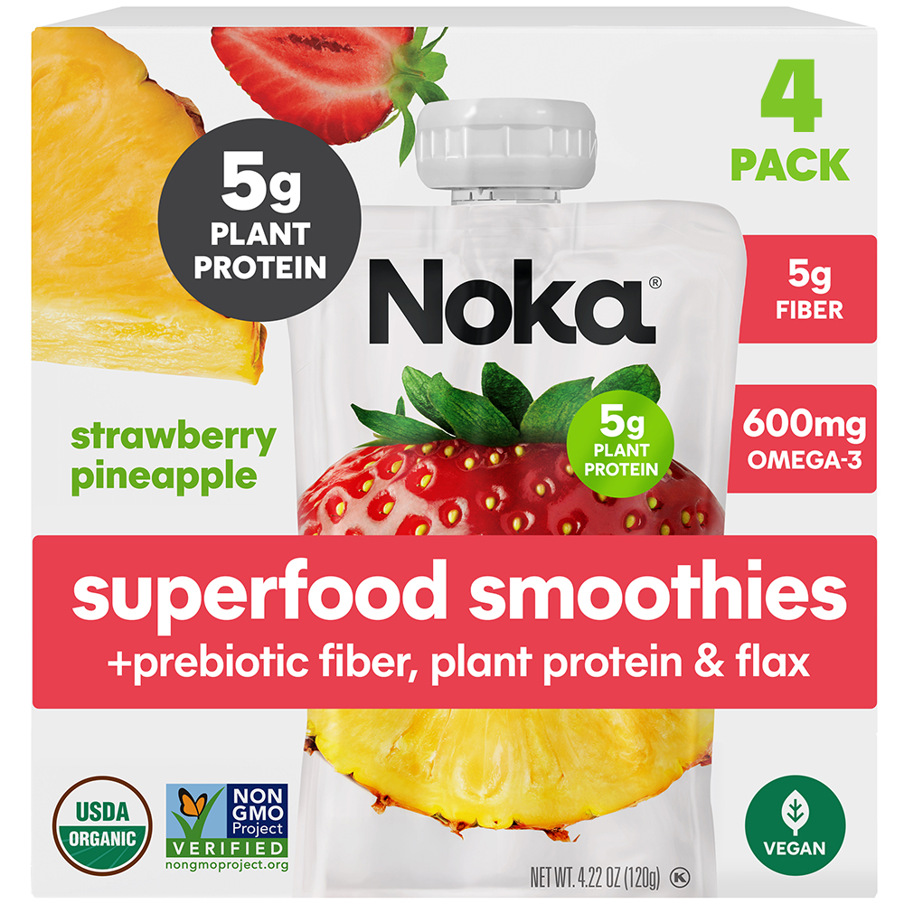 Noka Organic Strawberry Pineapple Smoothie, 4.22 oz Fruit Pouches, 4 Count Smoothie Drinks