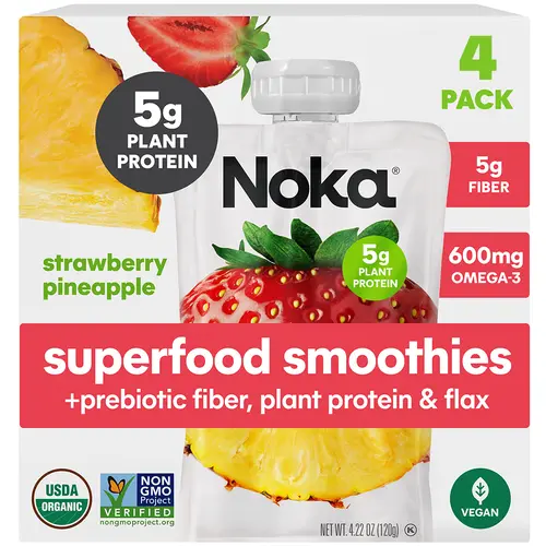 Noka Organic Strawberry Pineapple Smoothie, 4.22 oz Fruit Pouches, 4 Count Smoothie Drinks