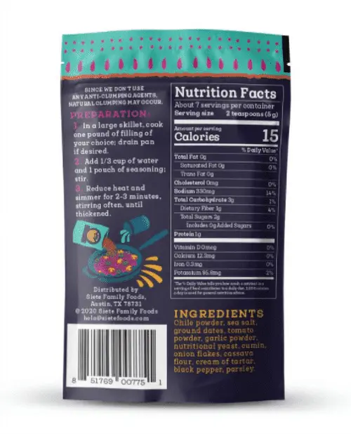 Siete Mild Taco Seasoning, Mixed Spice, 1.31 oz. Packet thumbnail 2