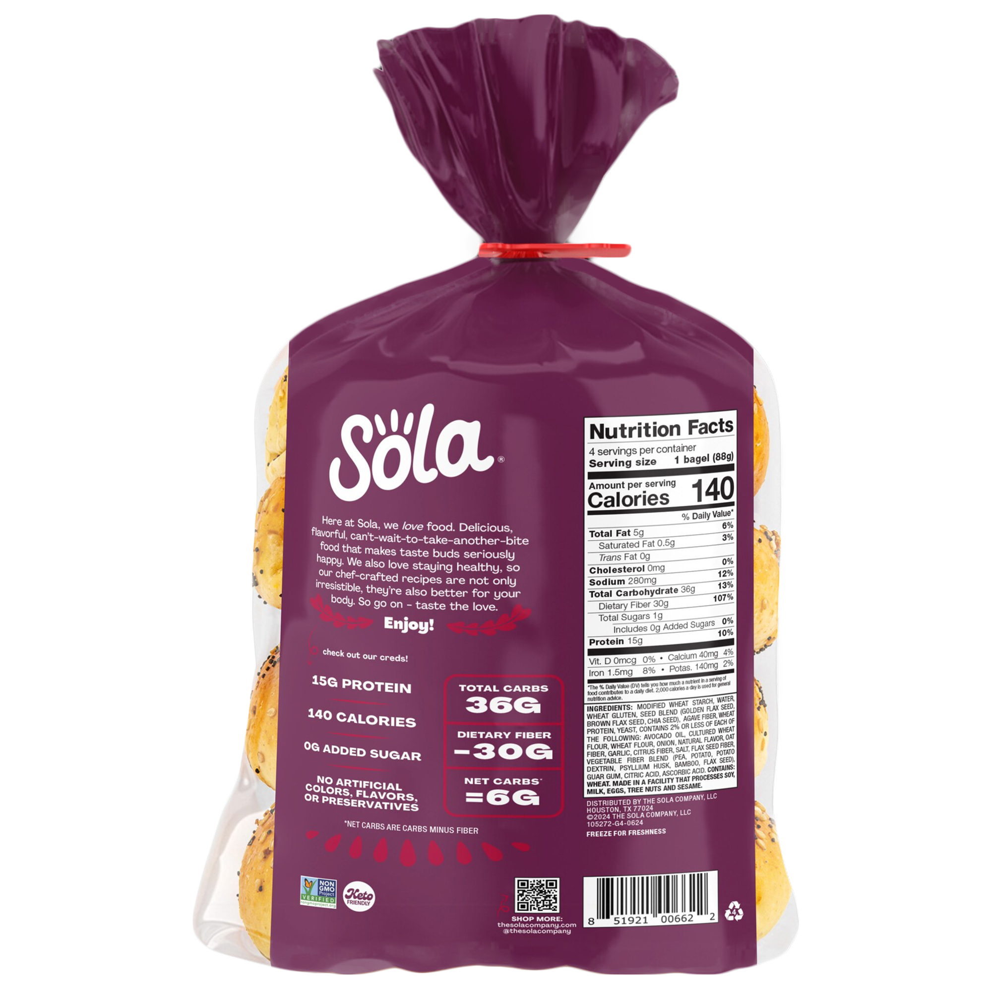 Sola Bread Wheat Everything Bagels, Non-GMO, 12.4 oz, 4 Count thumbnail 2