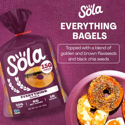 Sola Bread Wheat Everything Bagels, Non-GMO, 12.4 oz, 4 Count thumbnail 3
