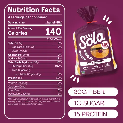 Sola Bread Wheat Everything Bagels, Non-GMO, 12.4 oz, 4 Count thumbnail 4