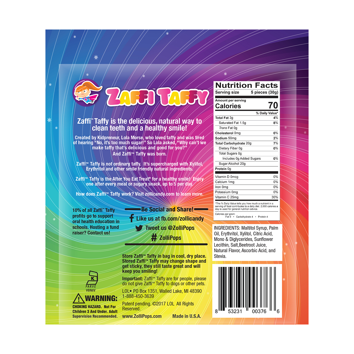 ZOLLIPOPS Zaffi Taffy Zero Sugar Fruit Taffy, 3 oz thumbnail 3