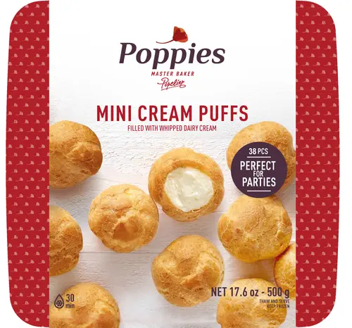 Poppies Frozen Mini Cream Puffs, Pastry Shells Filled with Rich Vanilla Dairy Cream 17.6oz
