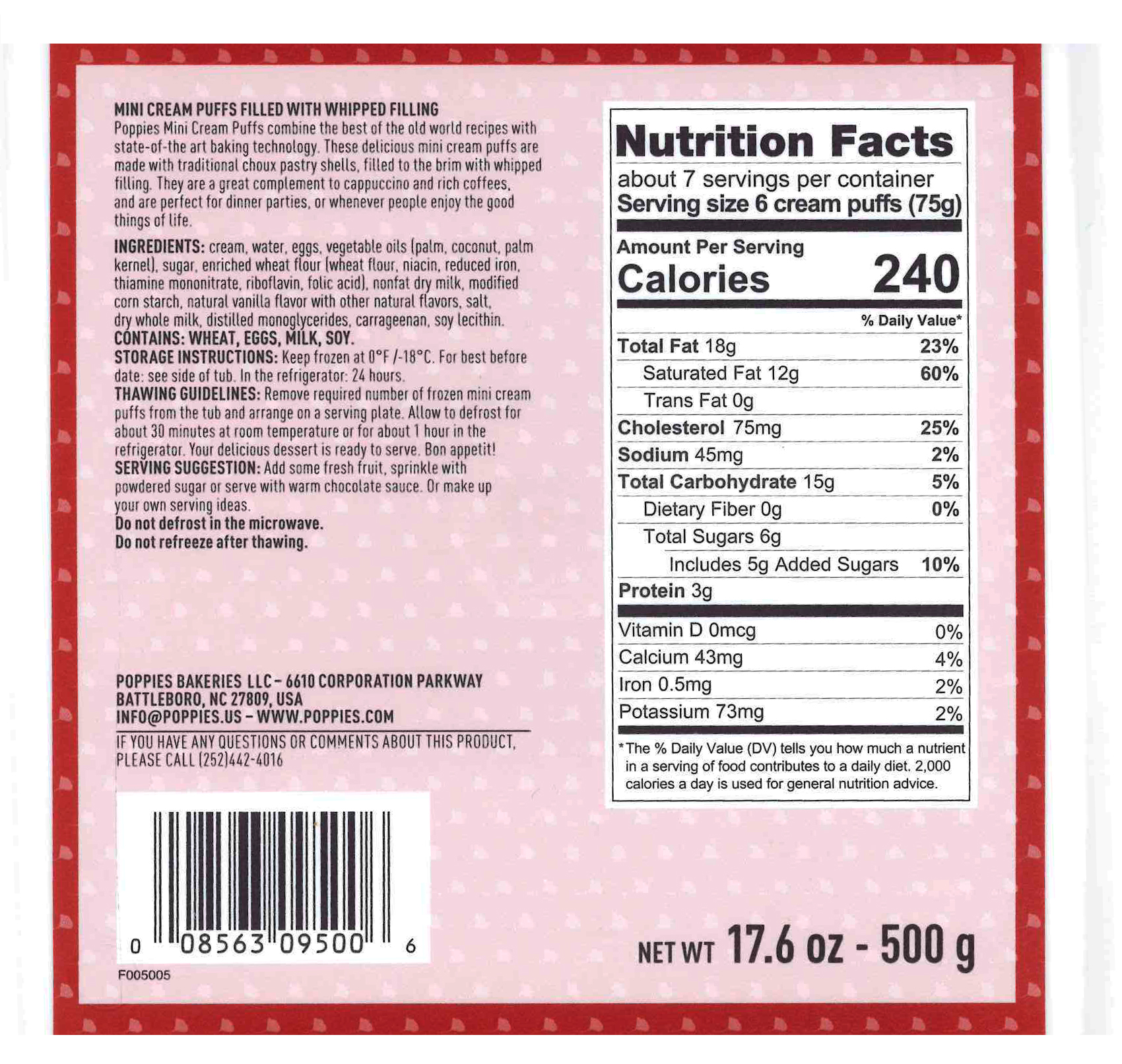 Poppies Frozen Mini Cream Puffs, Pastry Shells Filled with Rich Vanilla Dairy Cream 17.6oz thumbnail 2