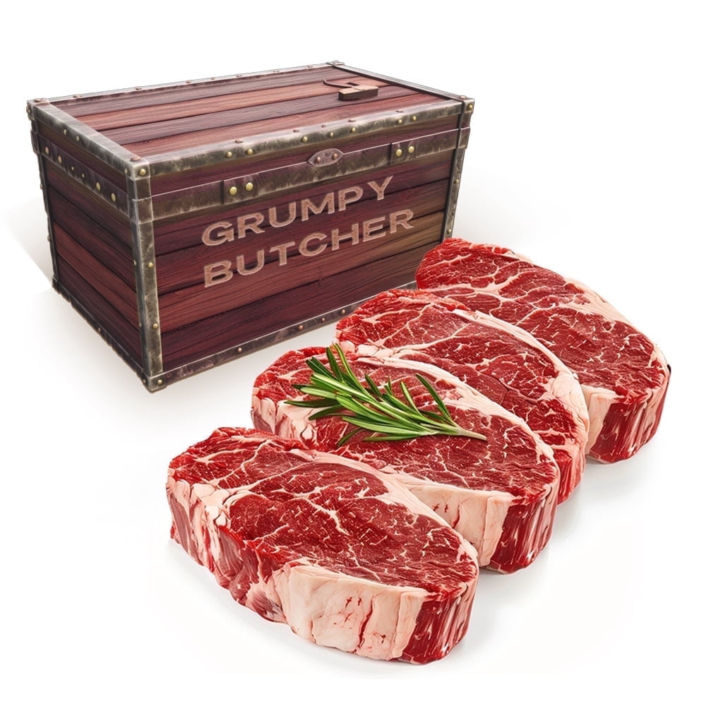Grumpy Butcher Prime Steakhouse Beef Steak Meat, Ribeye Steaks, 4 ct Pack, 14 oz Vacuum Bag