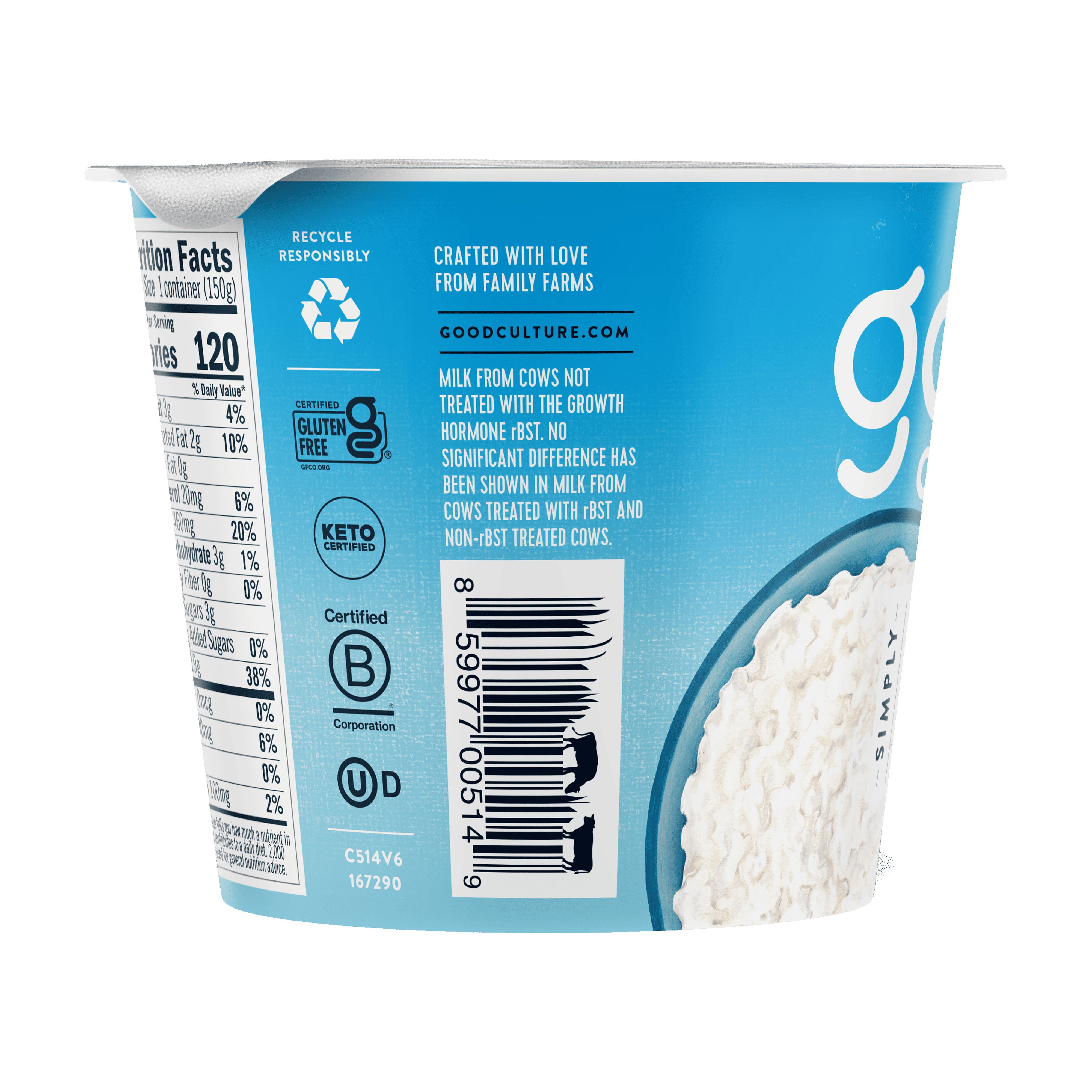Good Culture Classic Simply Cottage Cheese, 2% Milk Fat, 19 g Protein, 5.3 oz thumbnail 2