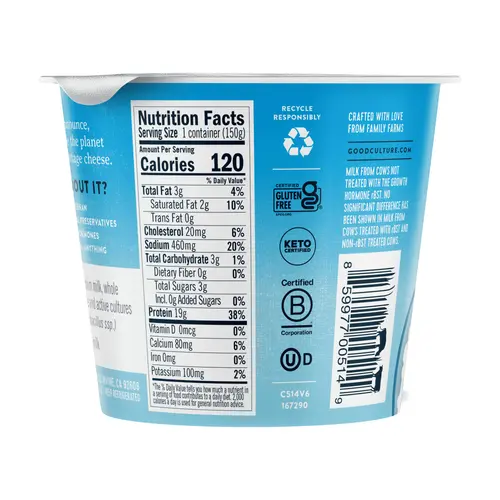 Good Culture Classic Simply Cottage Cheese, 2% Milk Fat, 19 g Protein, 5.3 oz thumbnail 4