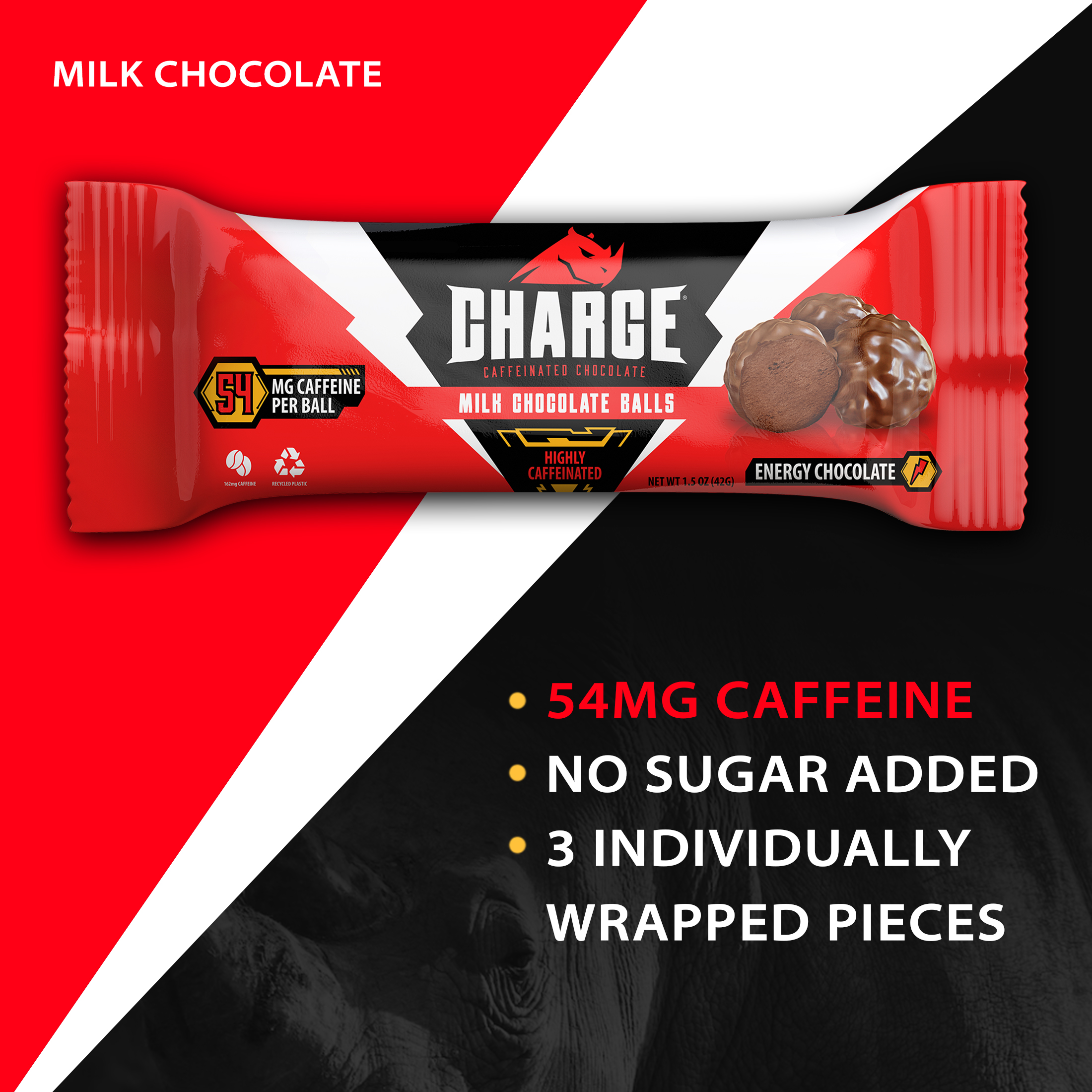 3 Count, Charge Chocolate Milk Chocolate, Highly Caffeinated, Individually Wrapped Ball, 54mg of caffeine, 1.5 oz thumbnail 2