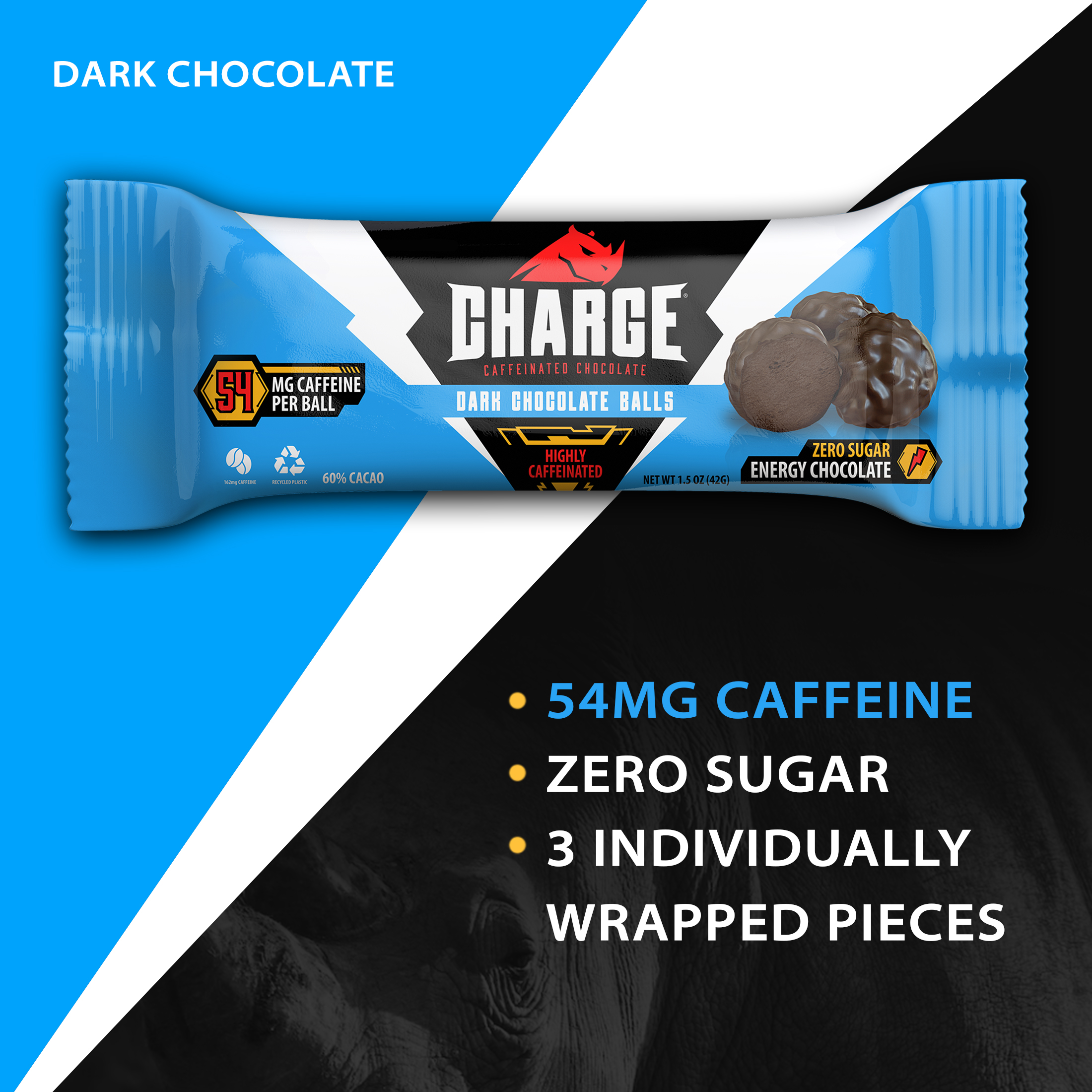 3 Count, Charge Chocolate Dark Chocolate, Highly Caffeinated, Individually Wrapped Ball, 54mg of caffeine, 1.5 oz thumbnail 3