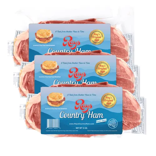 Rays Country Ham, 2.25 lbs Center Slices. 3 Pack â€“ Blue Ridge Mountain Cured, Vacuum-Sealed, Dry-Cured, Shelf-Stable.