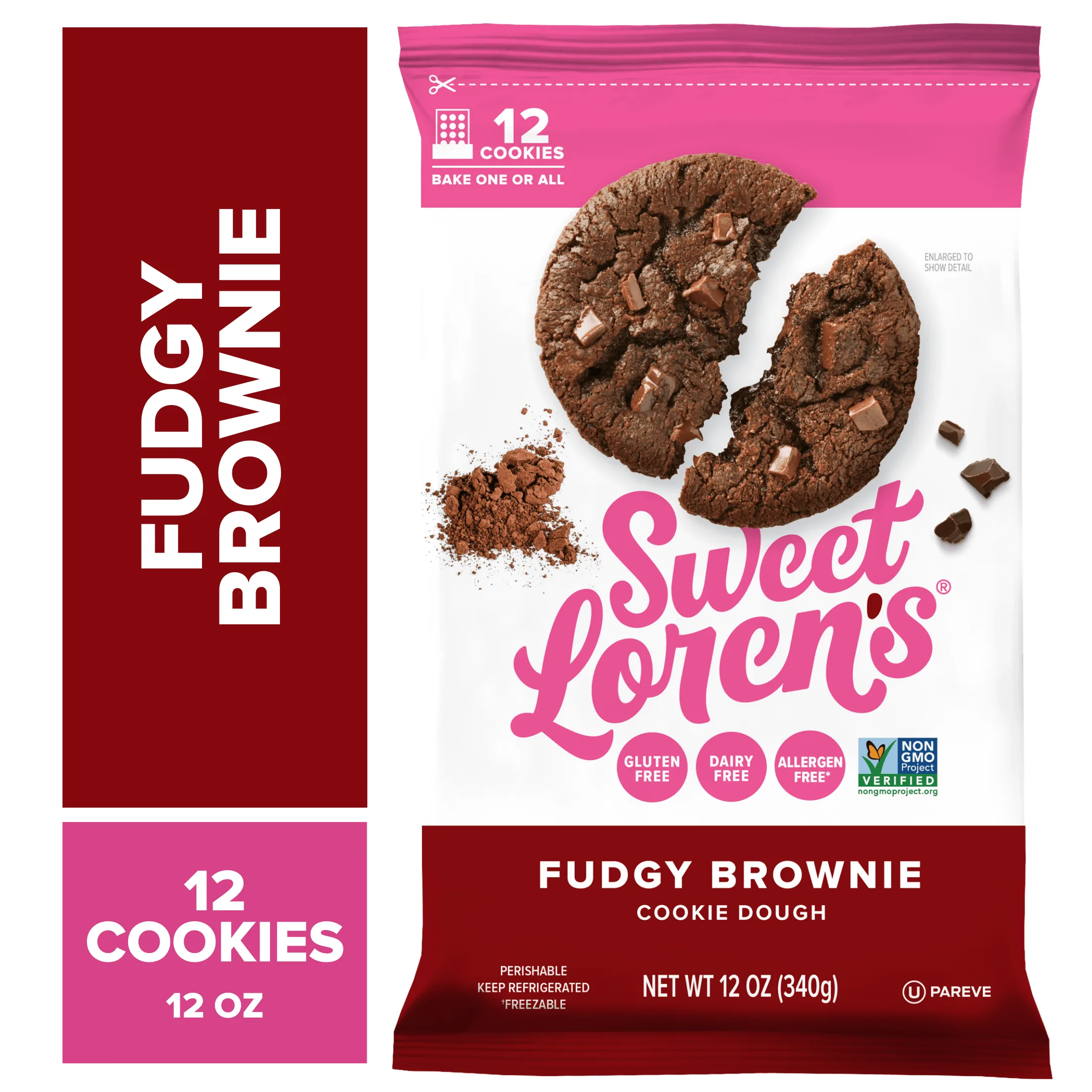 Sweet Loren's Ready to Bake Fudgy Brownie Cookie Dough, Gluten Free & Vegan, Top 14 Allergen Free, 12 oz