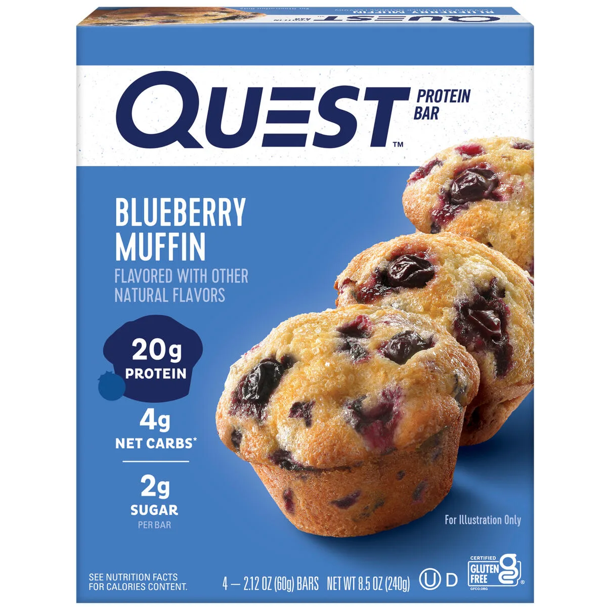 Quest Protein Bar, Blueberry Muffin Flavor, 20g of Protein, Gluten Free, 4 Count