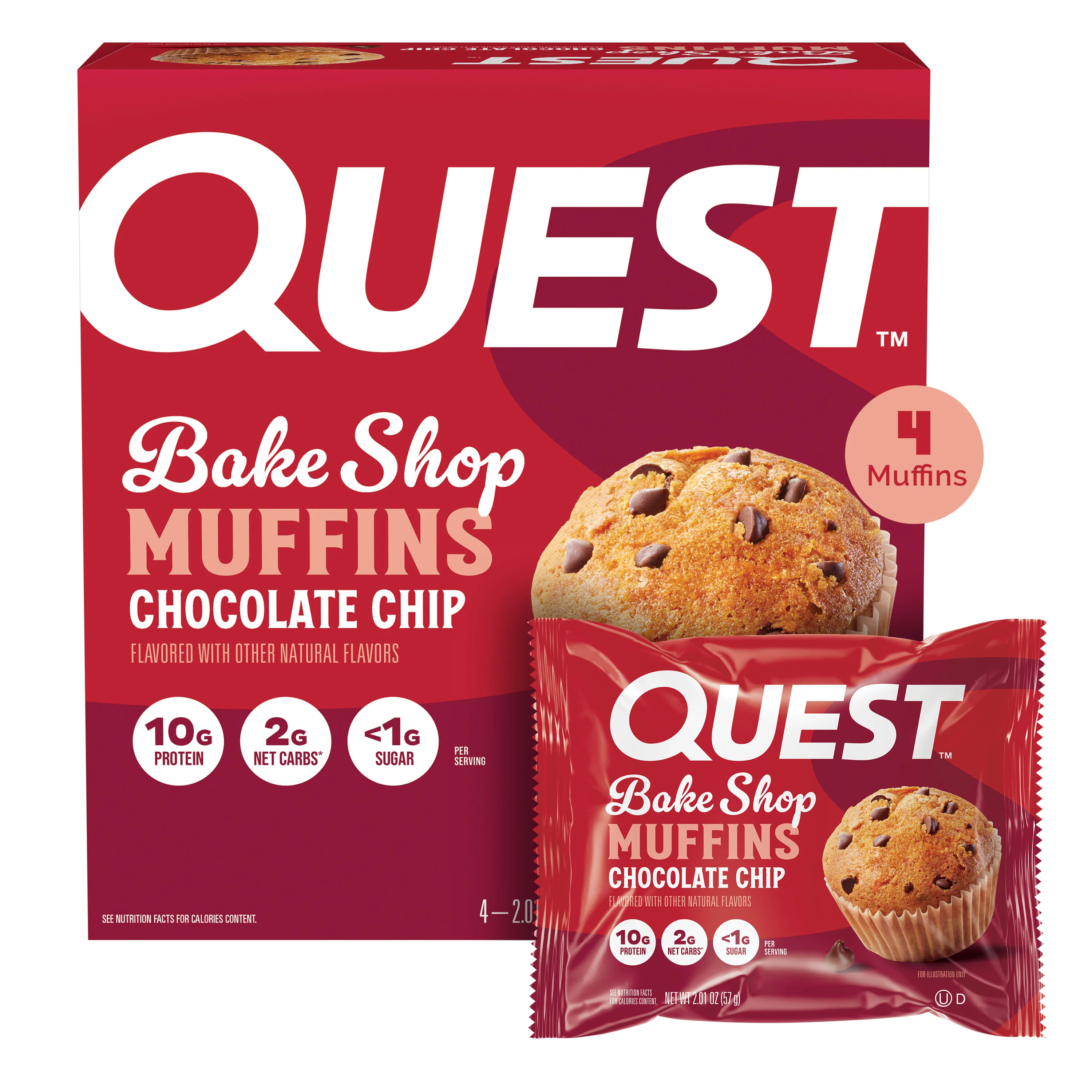 Quest Bake Shop Protein Muffins, Chocolate Chip Flavor, 10g Protein, 4 Count