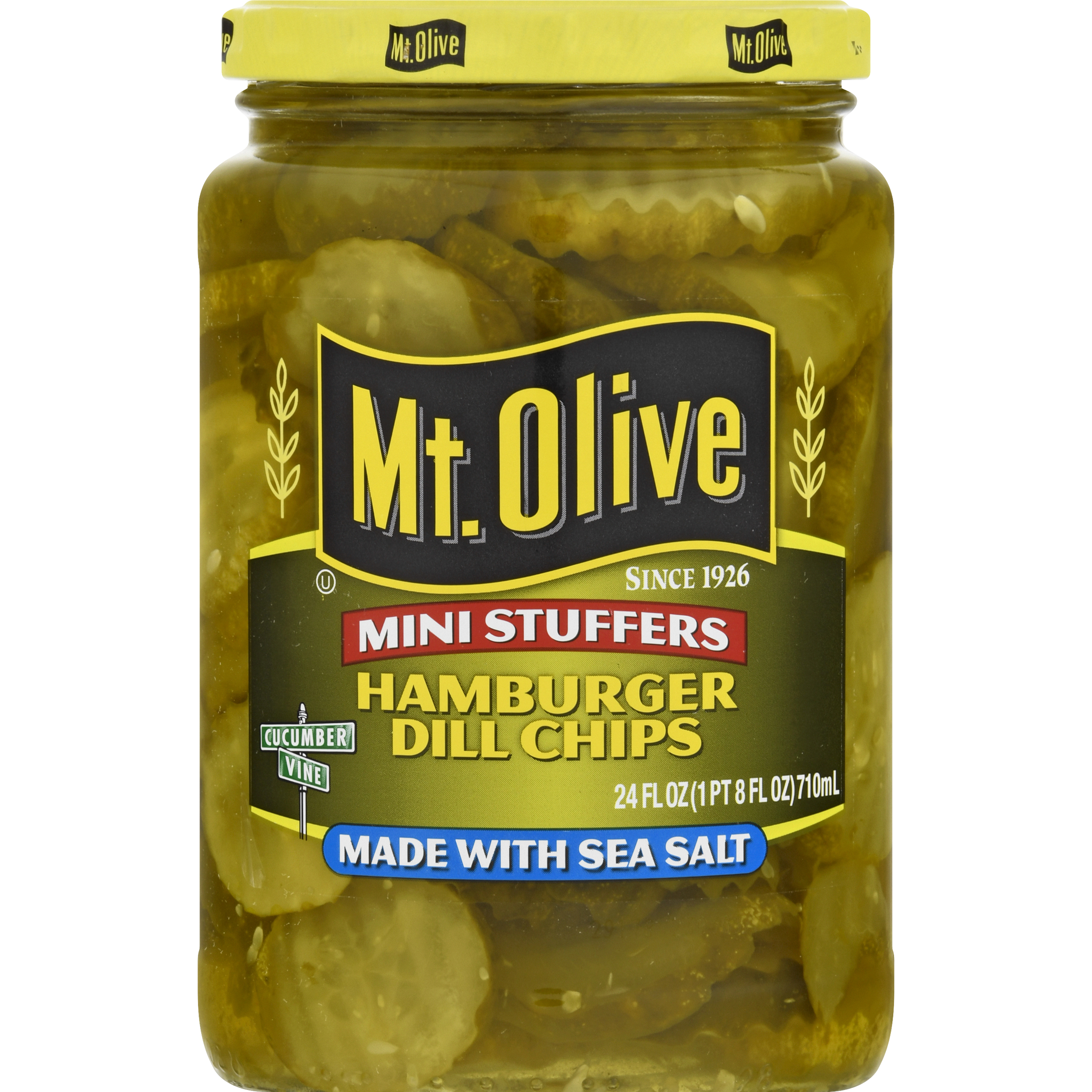 Mt. Olive Fresh Pack Mini Stuffer Hamburger Dill Chips Sea Salt Pickles, 24 fl oz Jar