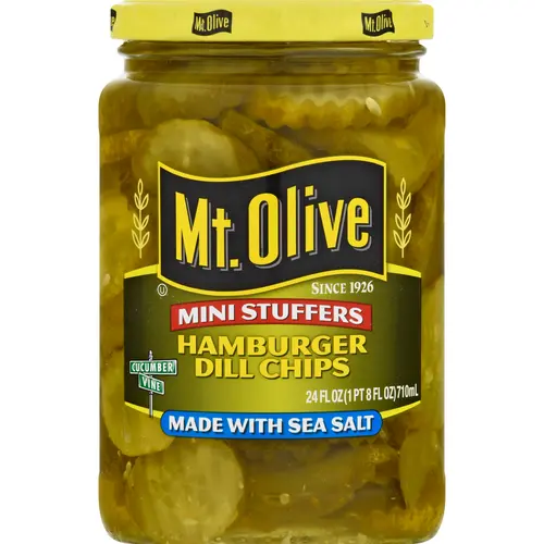 Mt. Olive Fresh Pack Mini Stuffer Hamburger Dill Chips Sea Salt Pickles, 24 fl oz Jar
