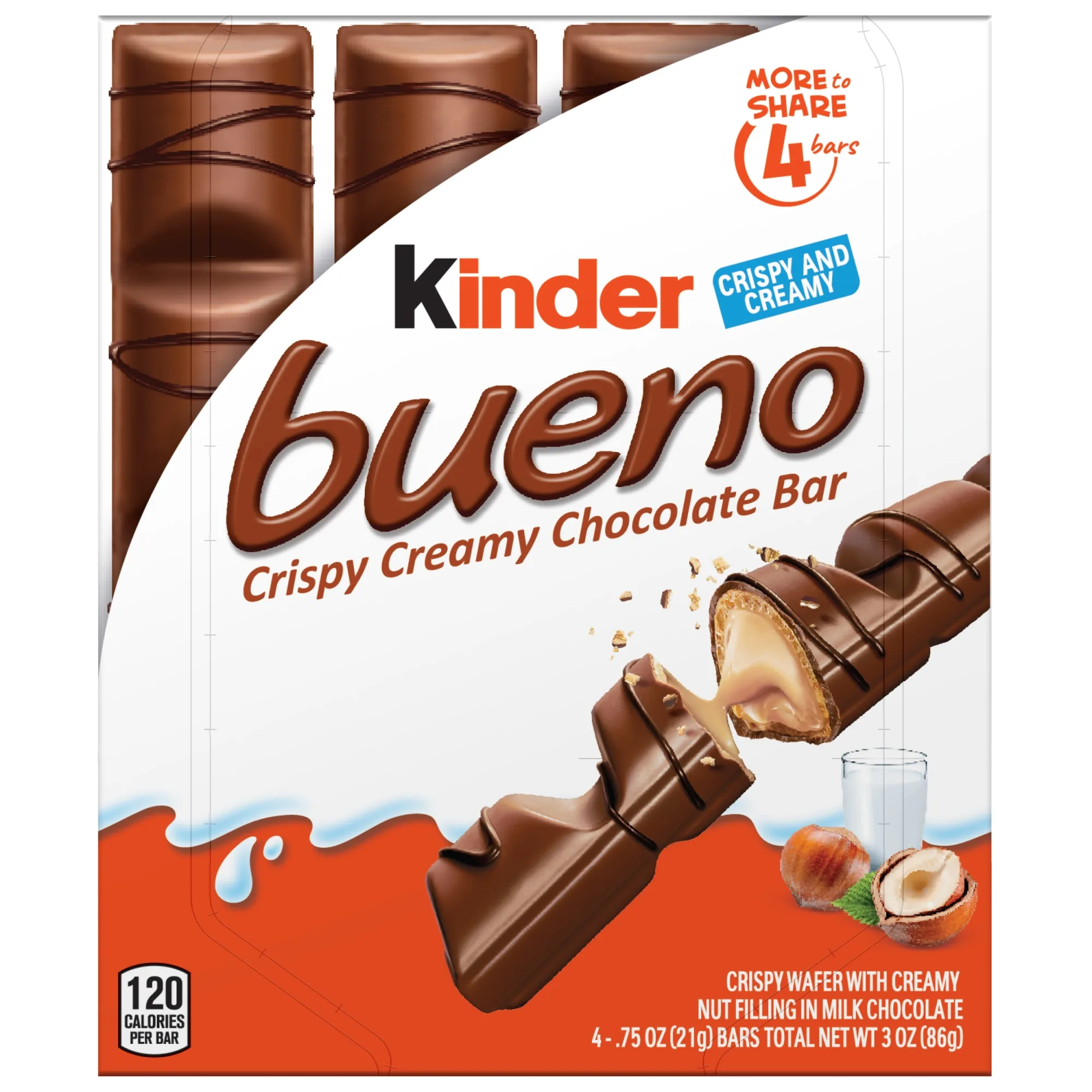 Kinder Bueno Milk Chocolate and Hazelnut Cream, 1 Pack, 4 Individually Wrapped Chocolate Bars, 3 oz
