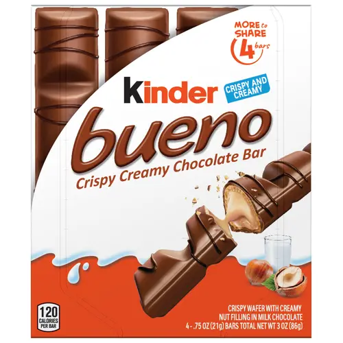 Kinder Bueno Milk Chocolate and Hazelnut Cream, 1 Pack, 4 Individually Wrapped Chocolate Bars, 3 oz